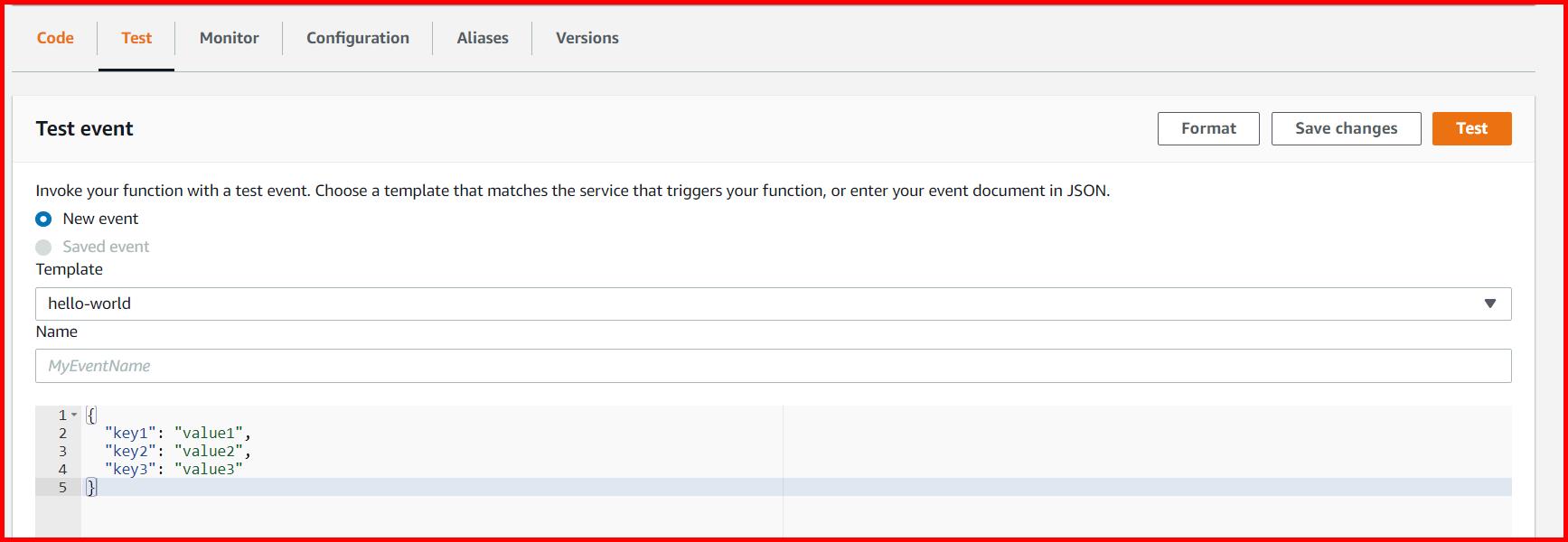 Picture showing the screen to invoke the lambda functions